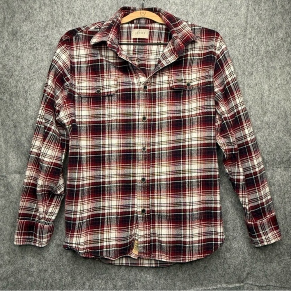 JACHS Men's Flannel Cotton Long Sleeve Button-Down Plaid Shirt- Sz‎ M